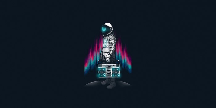 Astronaut with boombox and sound waves