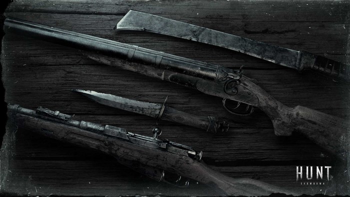 Hunt Showdown weapons on wooden surface