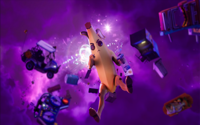 Peely from Fortnite in a cosmic environment