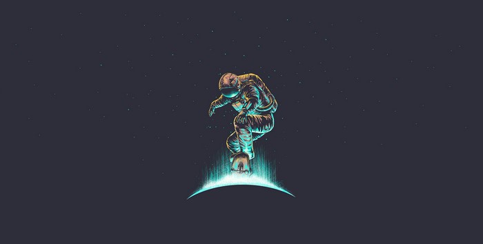 Astronaut snowboarding on a glowing planet