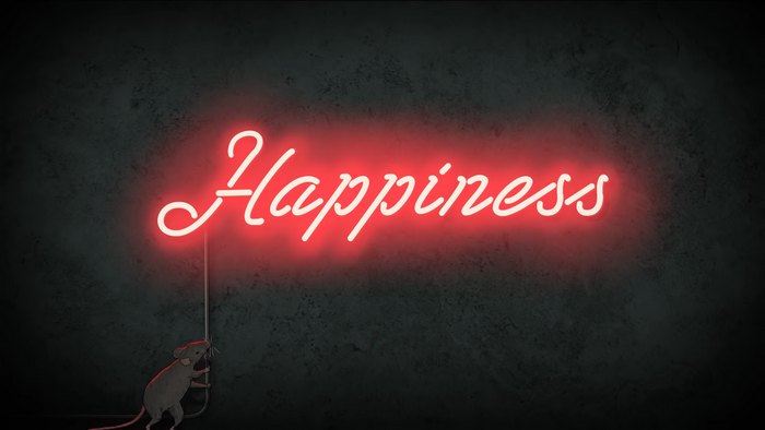Rat holding a neon sign that says Happiness