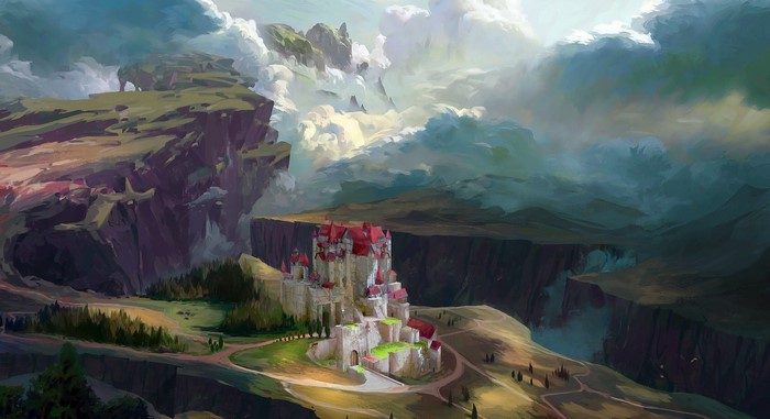 Fantasy castle on a cliff with floating islands and clouds