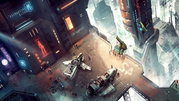 Futuristic city landing pad with spaceships and neon signs