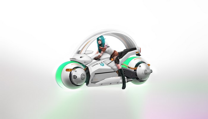 Bulma from Dragon Ball on a futuristic motorcycle