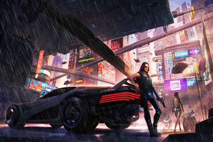 Cyberpunk character with car in rainy city