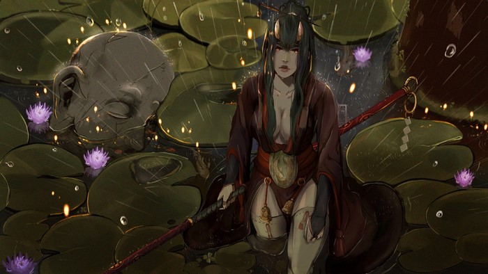 Fantasy girl with demon horns in a pond