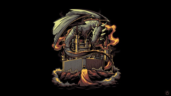 Dragon attacking a castle with a king