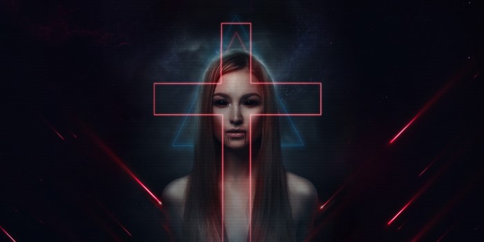 Woman with black eyes and red crucifix