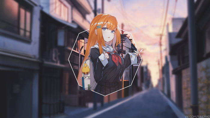 Anime girl in school uniform with chick backpack