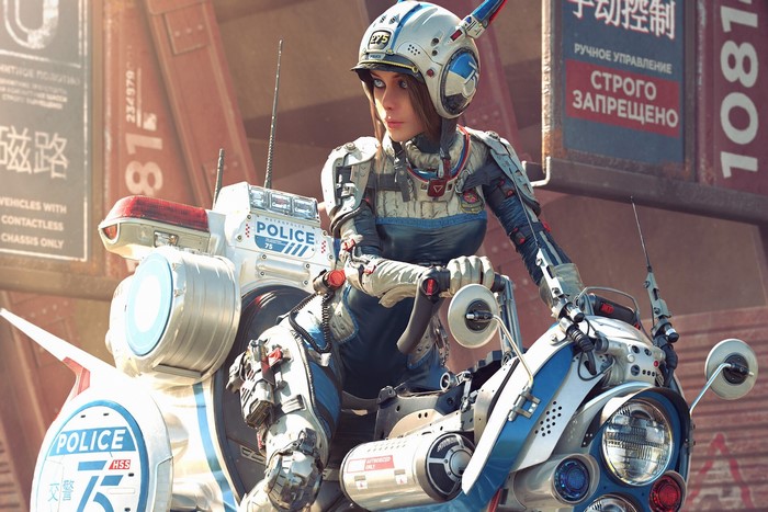 Futuristic police woman on a motorcycle