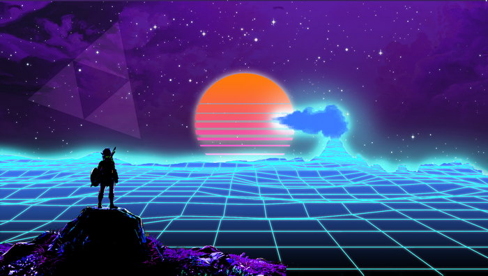Link in Retrowave Legend of Zelda Scene