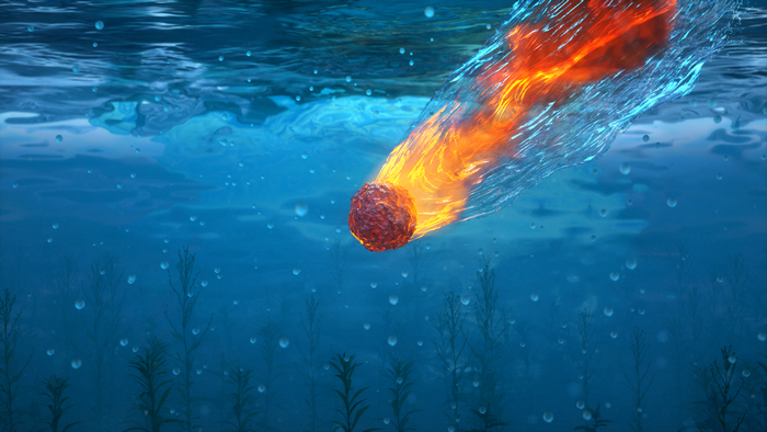 Fiery meteorite falling underwater with seaweed
