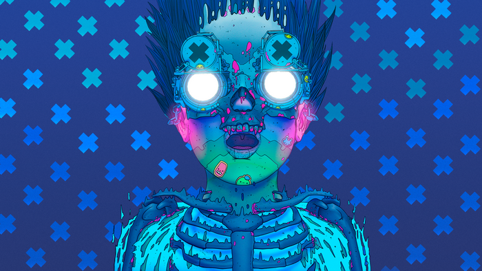 Cyberpunk character with glowing eyes and skeletal features