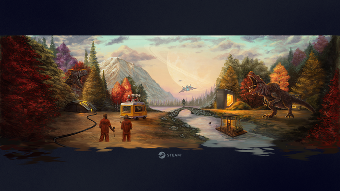 Artwork of dinosaurs and spaceships on an alien planet