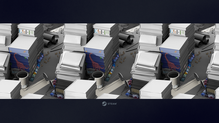 Artwork of stacked boxes and office supplies with Steam logo