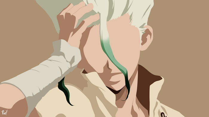 4K minimalist anime art of Senkuu Ishigami from Dr. Stone