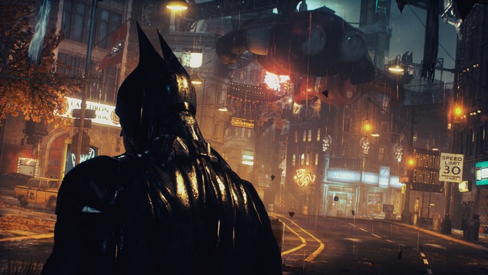 Batman from Batman: Arkham Knight in a rainy city