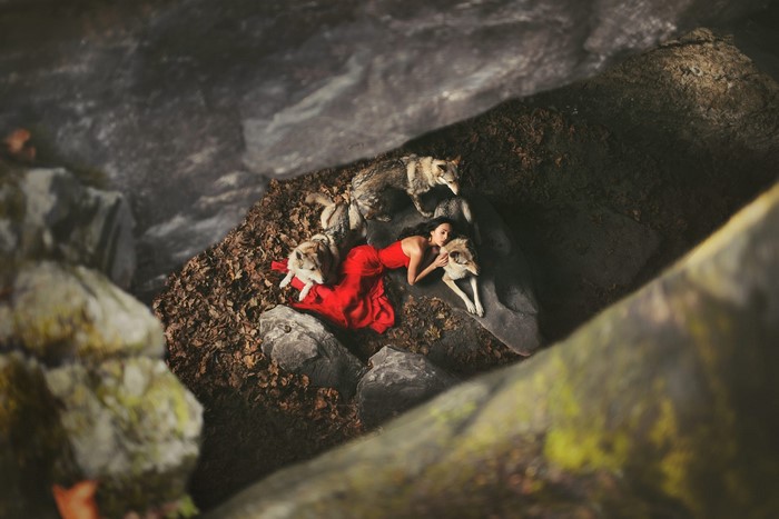 Woman in red dress with wolves in a rocky forest