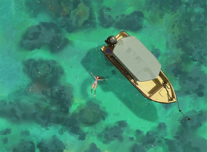Woman floating in water next to a boat