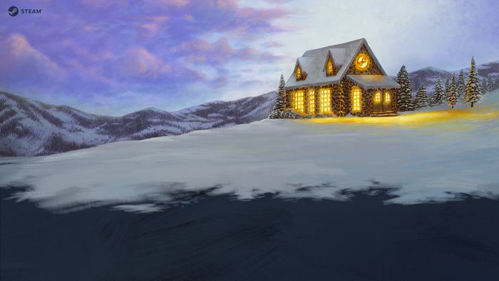 Cozy winter house with Steam logo