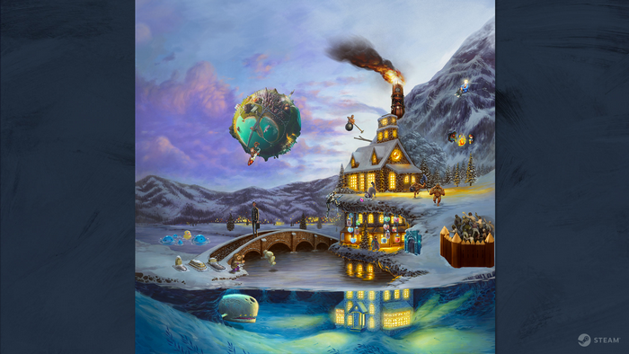 Winter scene with a factory and a floating planet