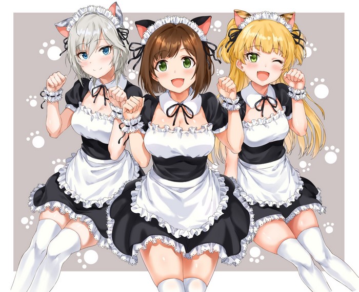 Three anime cat girls in maid outfits