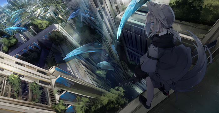 Anime girl with cat ears and katana in futuristic city