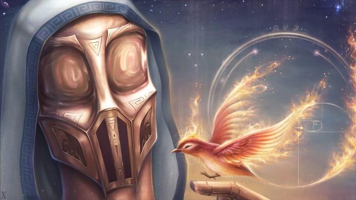 Masked figure with a phoenix and Fibonacci spiral