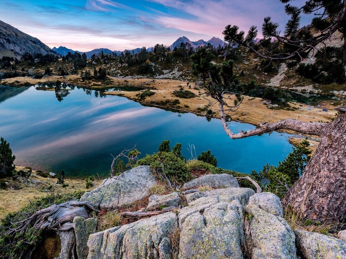 Mountain lake landscape with pine trees and rocks