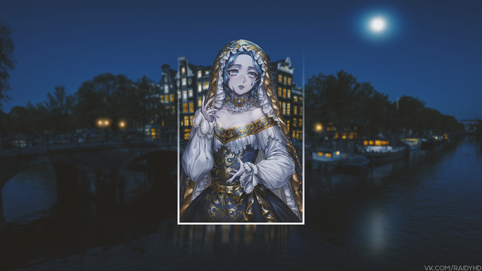 Anime girl in ornate dress in front of Amsterdam canal at night