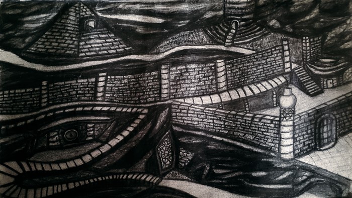 Psychedelic fantasy art drawing of a surreal town with pyramids and walls