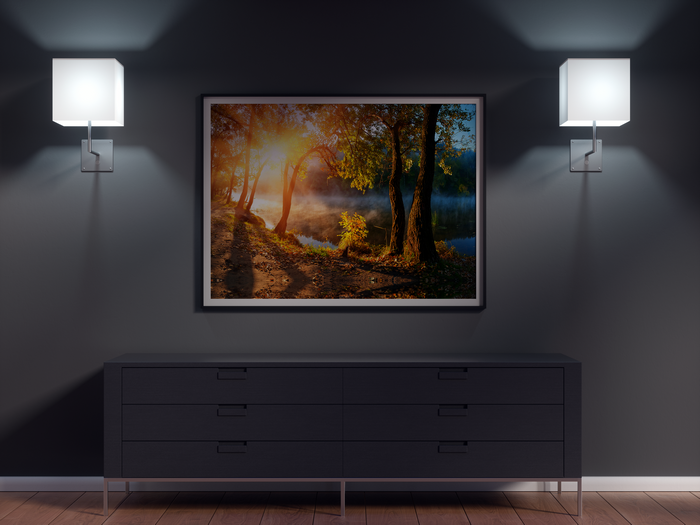 4K picture frame with drawers and wall lights