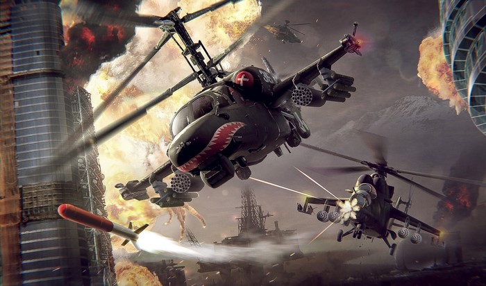 Military helicopters in urban combat with explosions