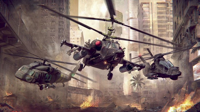 Three military helicopters in a destroyed city