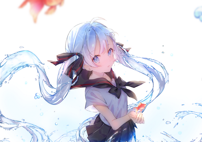Anime girl with blue hair and school uniform holding a goldfish