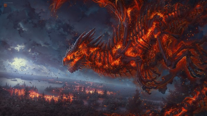 Fiery Dragon Overlooking a Burning Forest and Lake