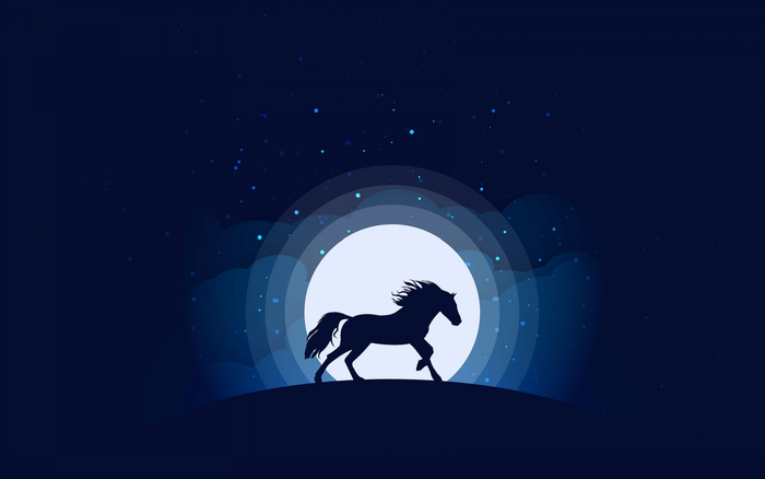 Silhouette of a horse running in front of a large moon with stars