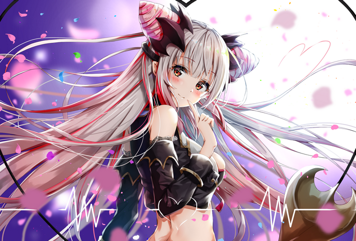 Anime girl with long white and red hair and horns
