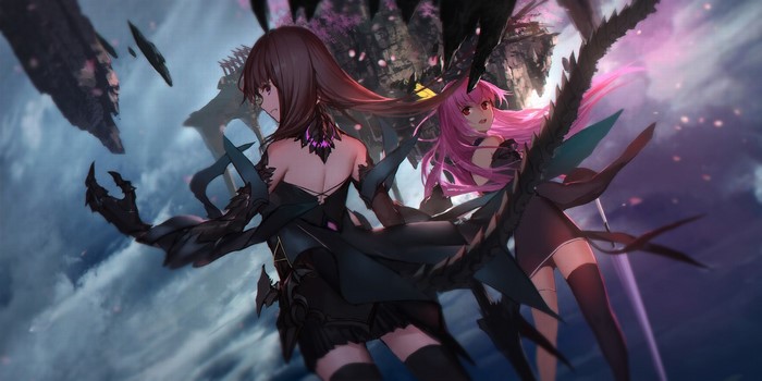 Two anime girls with dark and pink hair in a fantasy setting