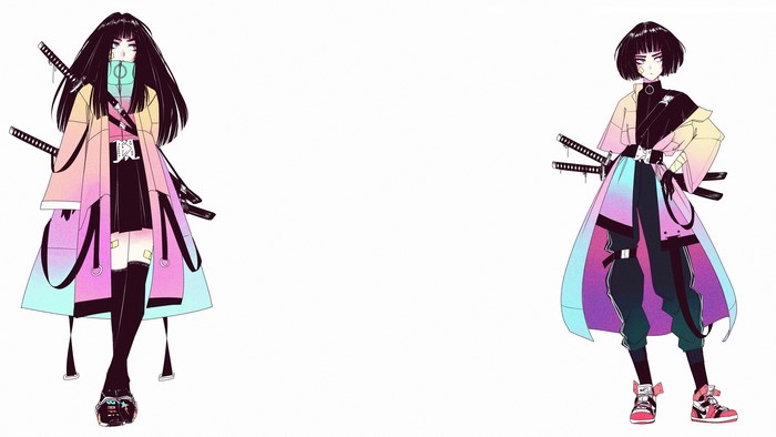 Two women with katanas in anime style