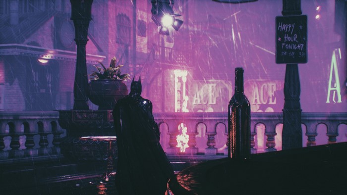 Batman from Batman: Arkham Knight in a rainy city
