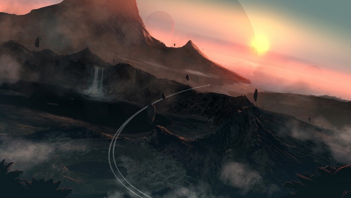 Matte painting of a surreal alien landscape with floating islands