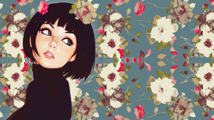 Woman with dark hair and blue eyes against floral pattern