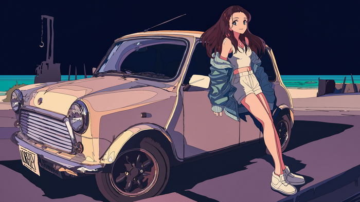 Anime girl leaning on a classic Mini Cooper by the sea