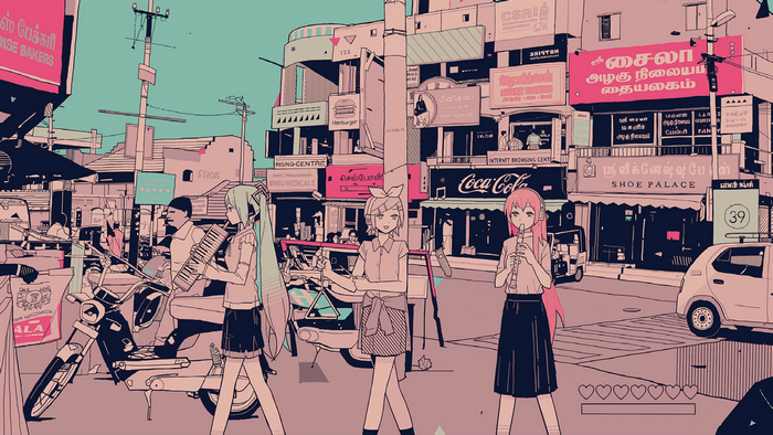 Vocaloid girls in a street scene with shops