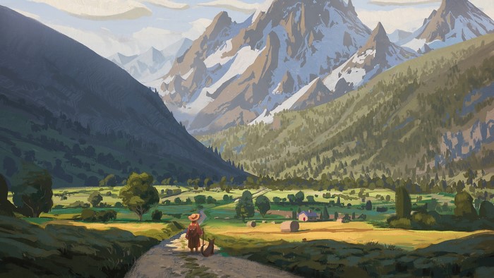 Person and dog walking through a mountain valley landscape painting