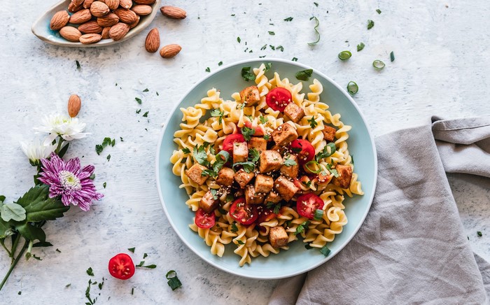Pasta with Tofu and Tomatoes, Almonds, and Flowers