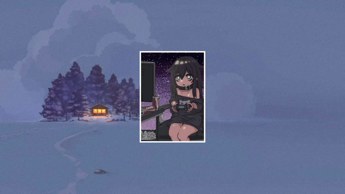 Anime girl playing video games in winter cabin