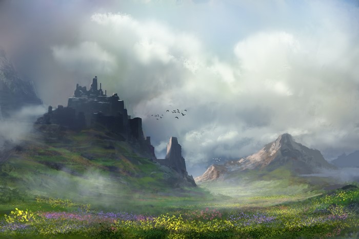 Fantasy landscape with castle ruins and mountains