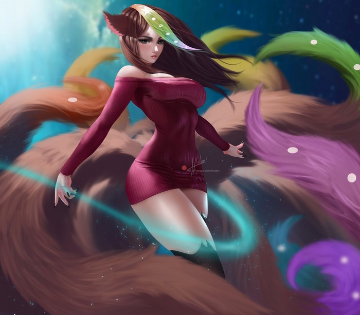 Anime girl with fox tails and magic